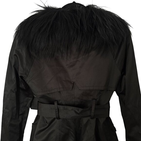 Bebe Black Trench Coat Real Fur Trim Collar Designer Zipper Belt Size XS - Picture 3 of 14